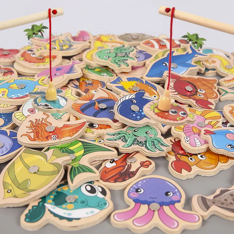 Montessori Wooden Fishing Toys For Children Magnetic Marine Life Cognition Fish Games Parent-Child Interactive Educational Toy